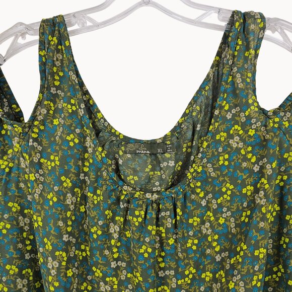 Dainty Floral Cottage Boho Cabincore Cold Shoulder Blouse Prana Green Yellow XL - Picture 2 of 10
